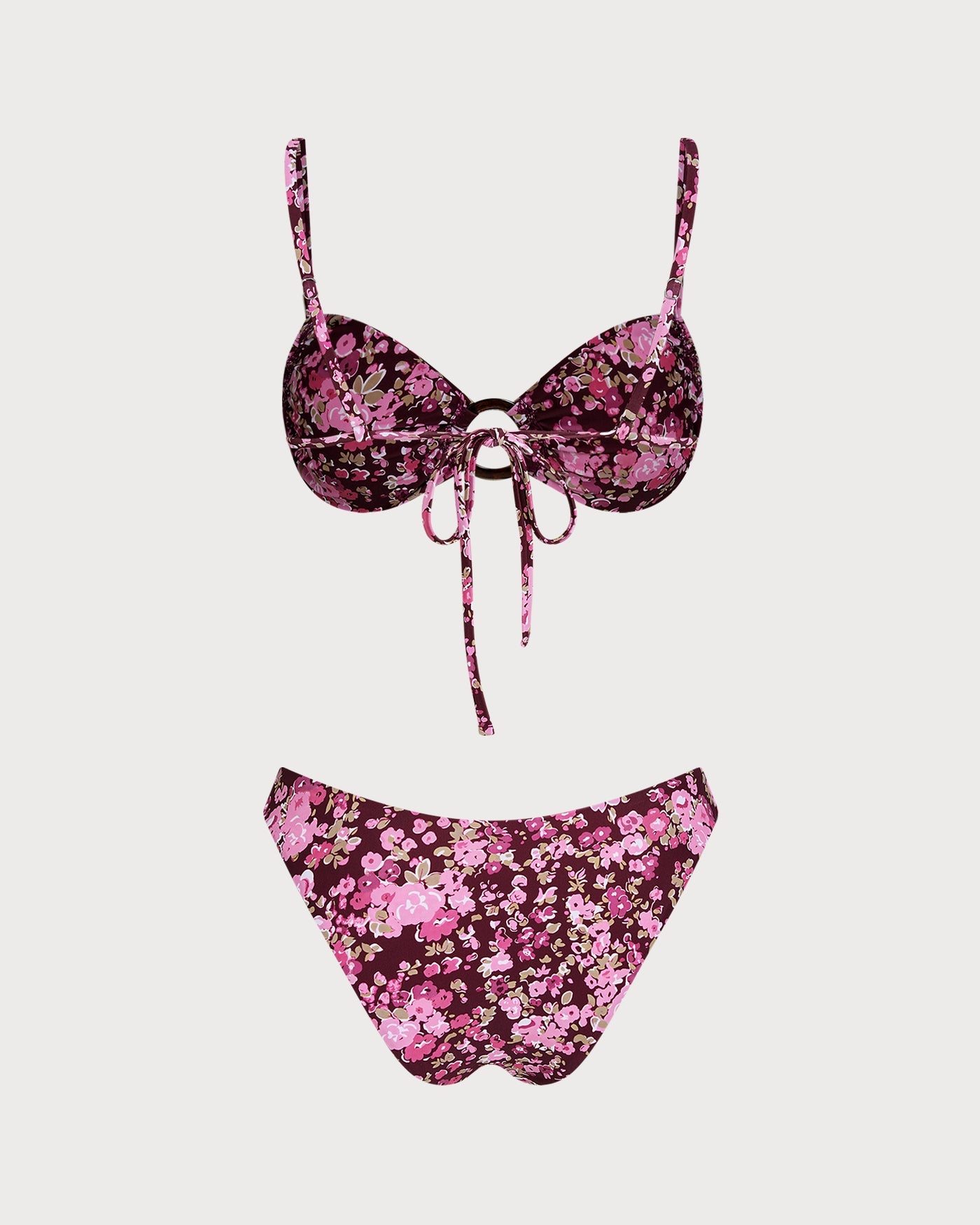 Wine Red Floral O-Ring Bralette Bikini Set