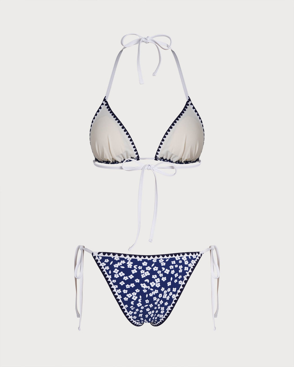 Floral Triangle Bikini Set in Blue with Halter Neck