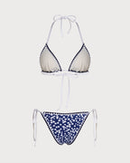 Floral Triangle Bikini Set in Blue with Halter Neck
