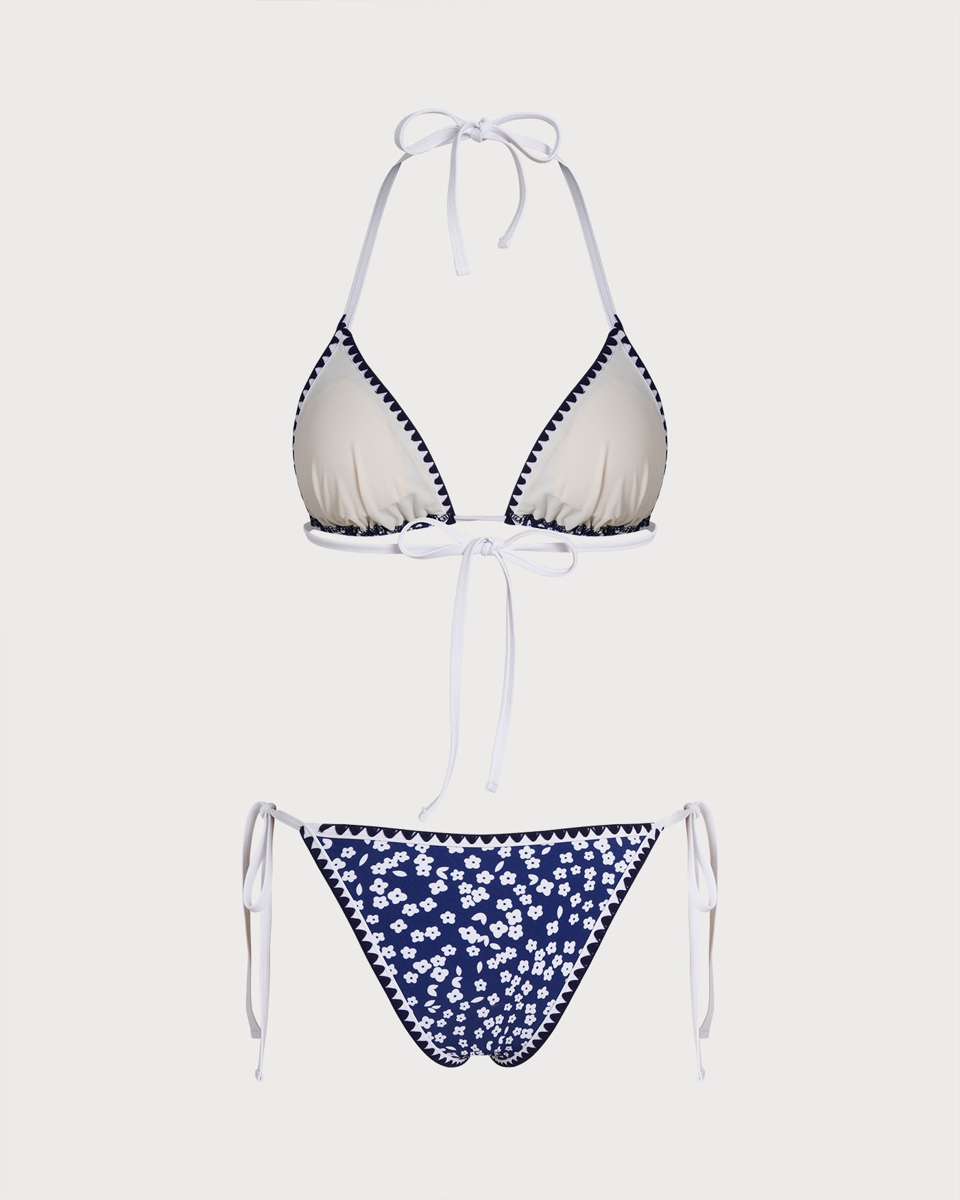 Floral Triangle Bikini Set in Blue with Halter Neck
