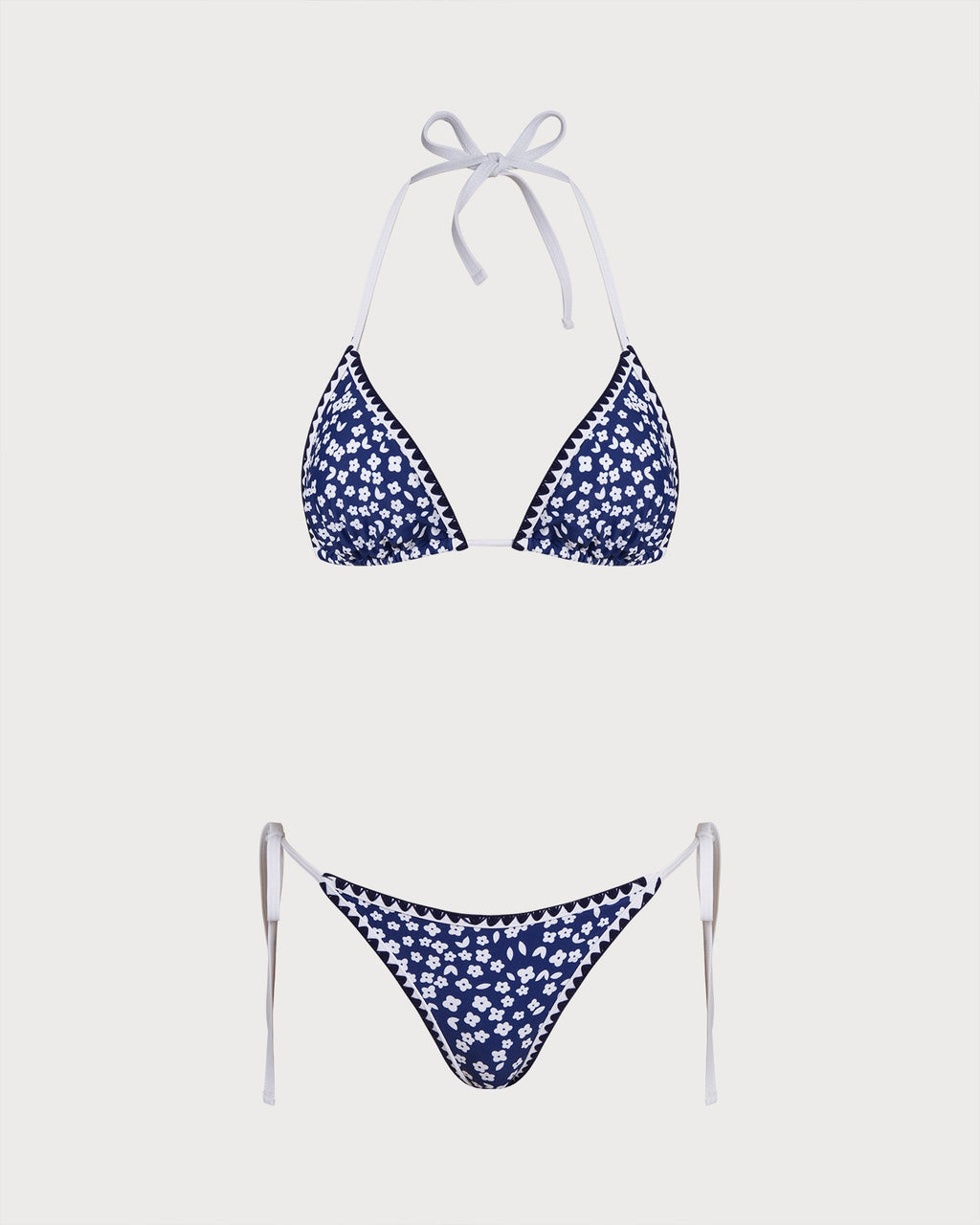Floral Triangle Bikini Set in Blue with Halter Neck