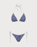 Floral Triangle Bikini Set in Blue with Halter Neck