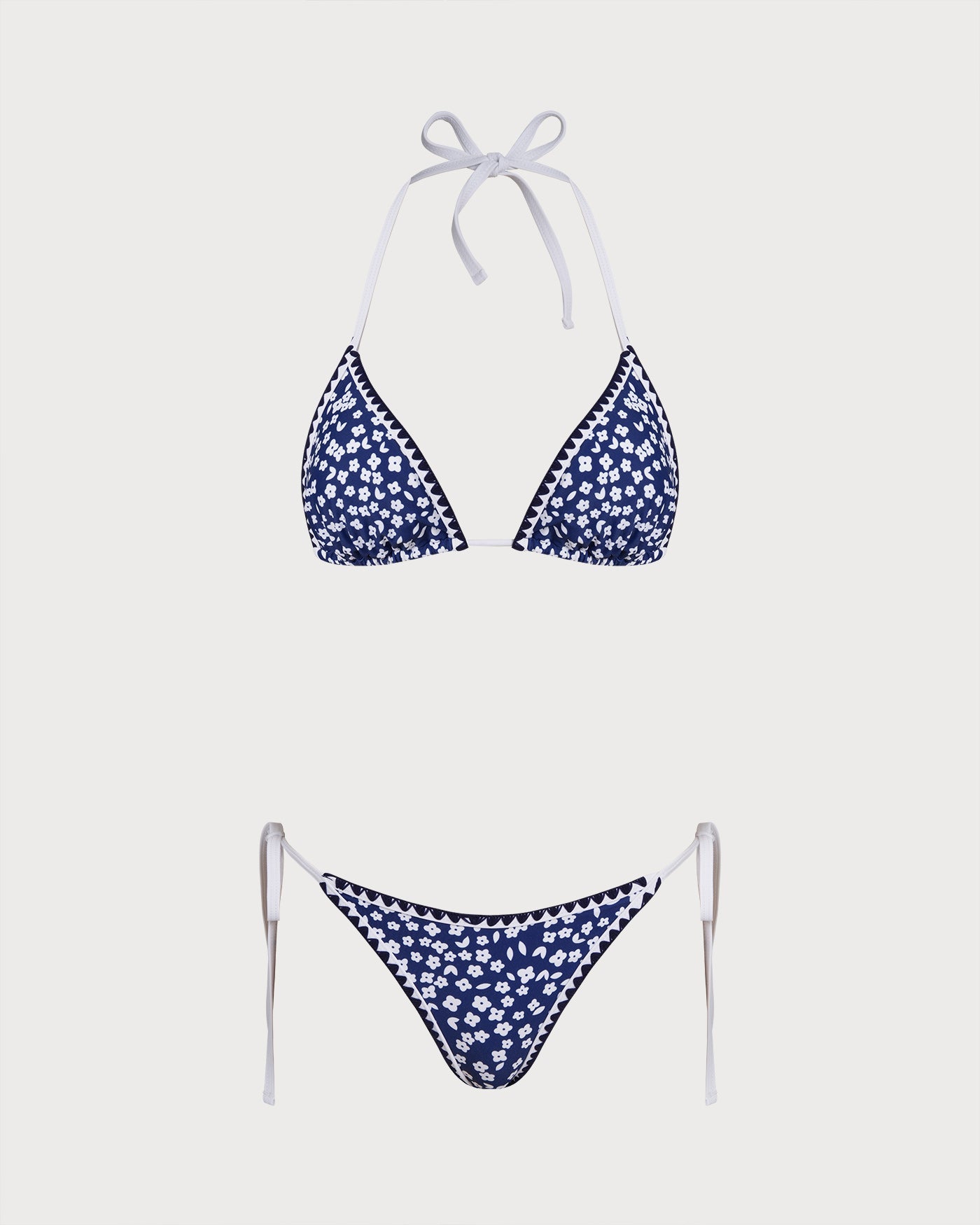 Floral Triangle Bikini Set in Blue with Halter Neck