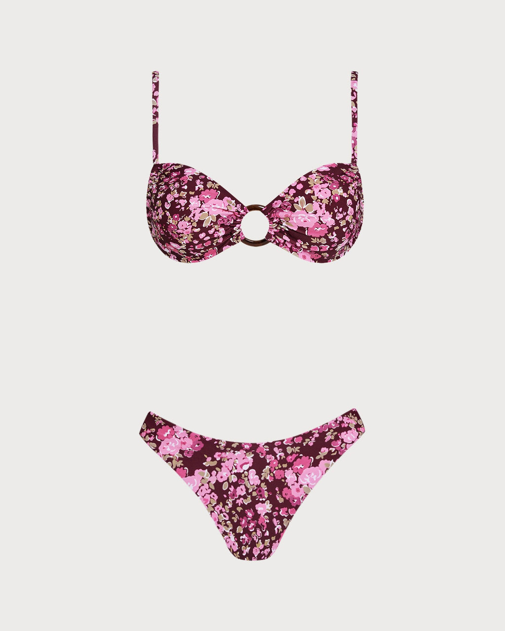 Wine Red Floral O-Ring Bralette Bikini Set