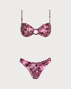 Wine Red Floral O-Ring Bralette Bikini Set