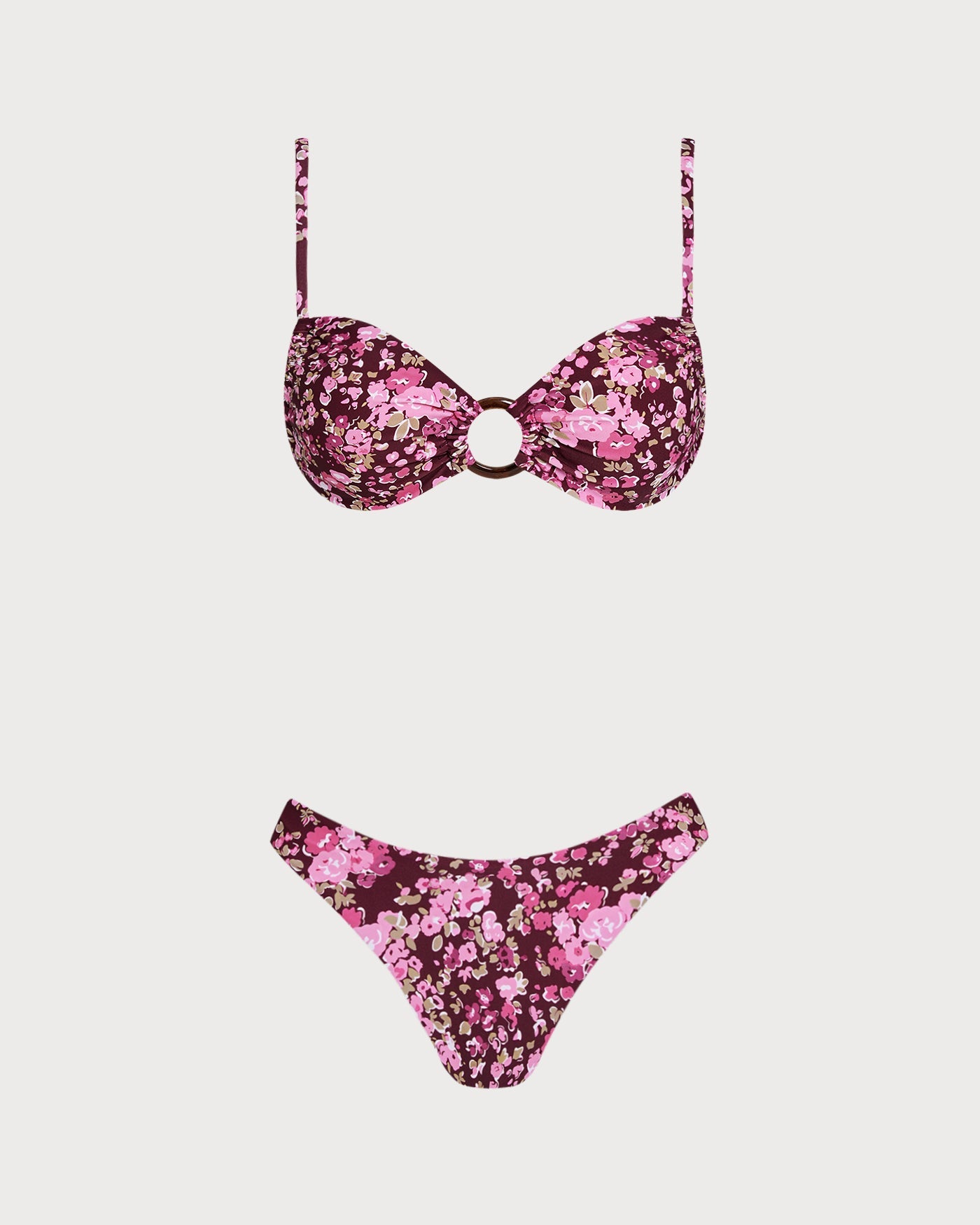 Wine Red Floral O-Ring Bralette Bikini Set