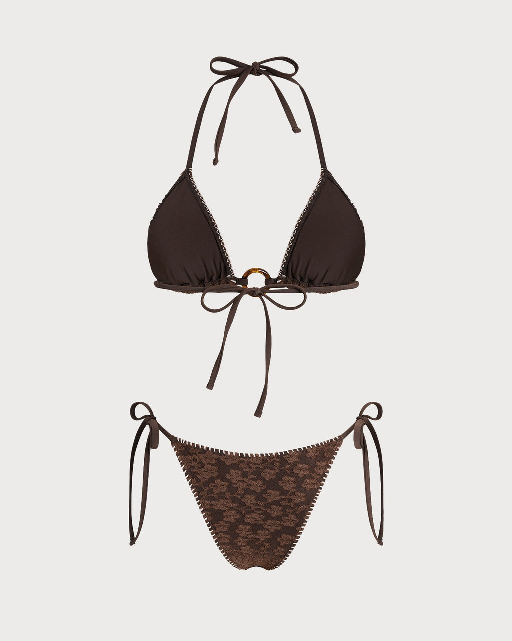 Textured Triangle Bikini Set in Brown with Halter Neck