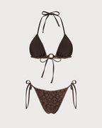 Textured Triangle Bikini Set in Brown with Halter Neck