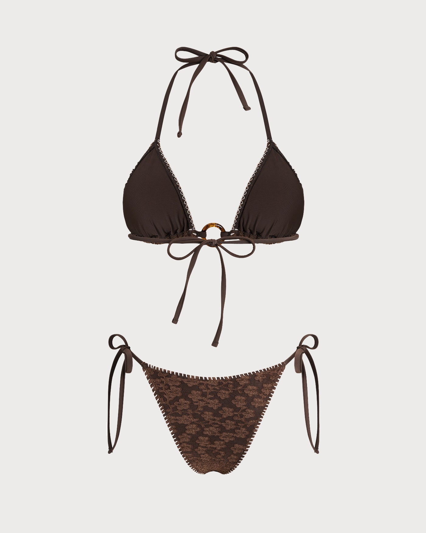 Textured Triangle Bikini Set in Brown with Halter Neck