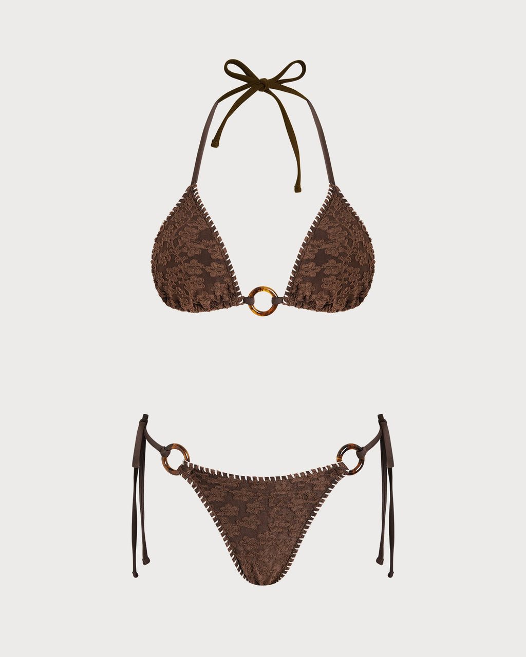 Textured Triangle Bikini Set in Brown with Halter Neck