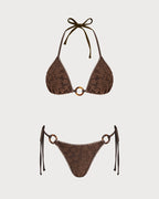 Textured Triangle Bikini Set in Brown with Halter Neck
