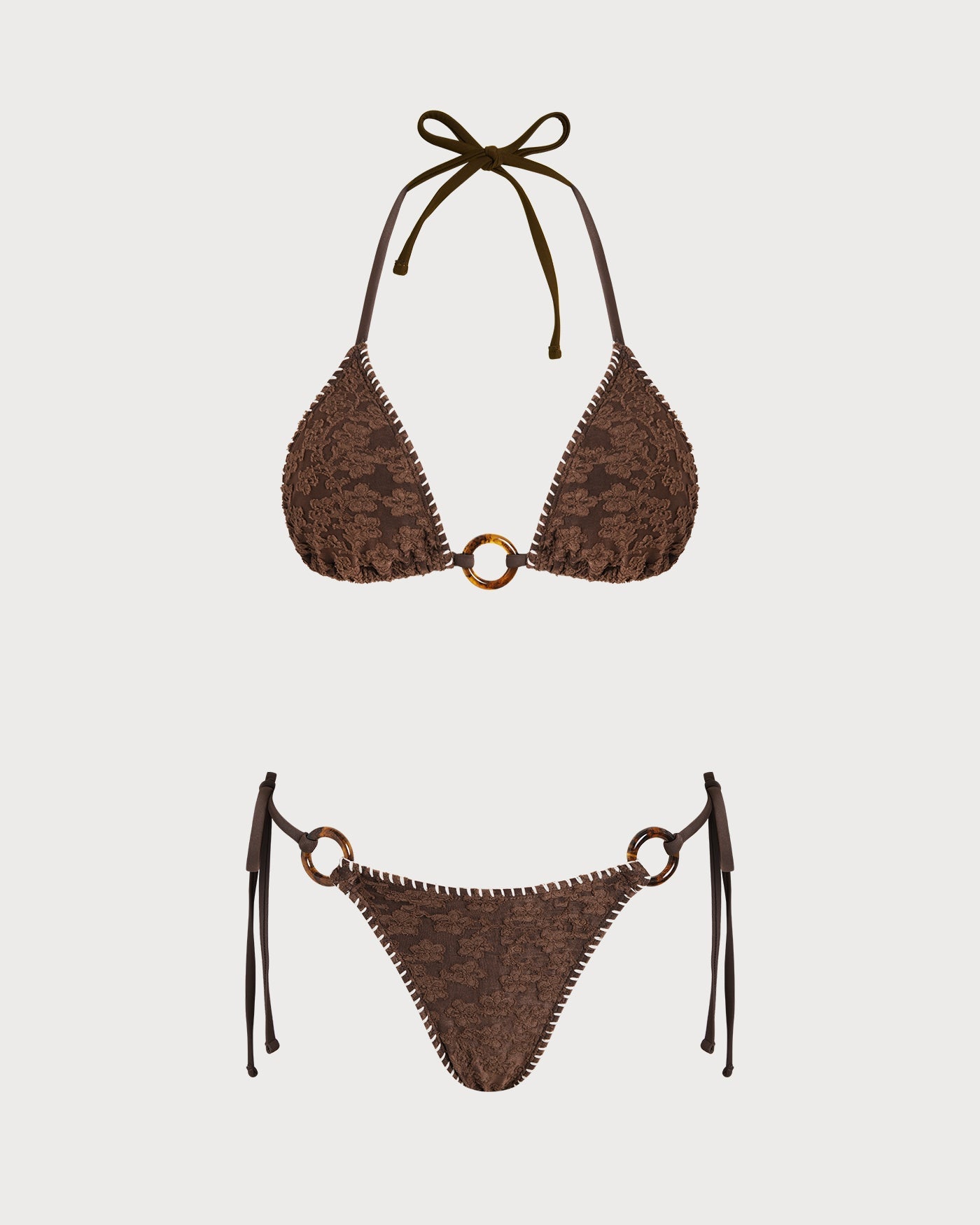 Textured Triangle Bikini Set in Brown with Halter Neck
