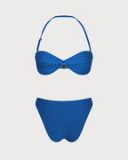 Blue Ruched Underwire Bikini Set with Halter Neck