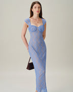 Blue Lace Maxi Dress with Sweetheart Neckline