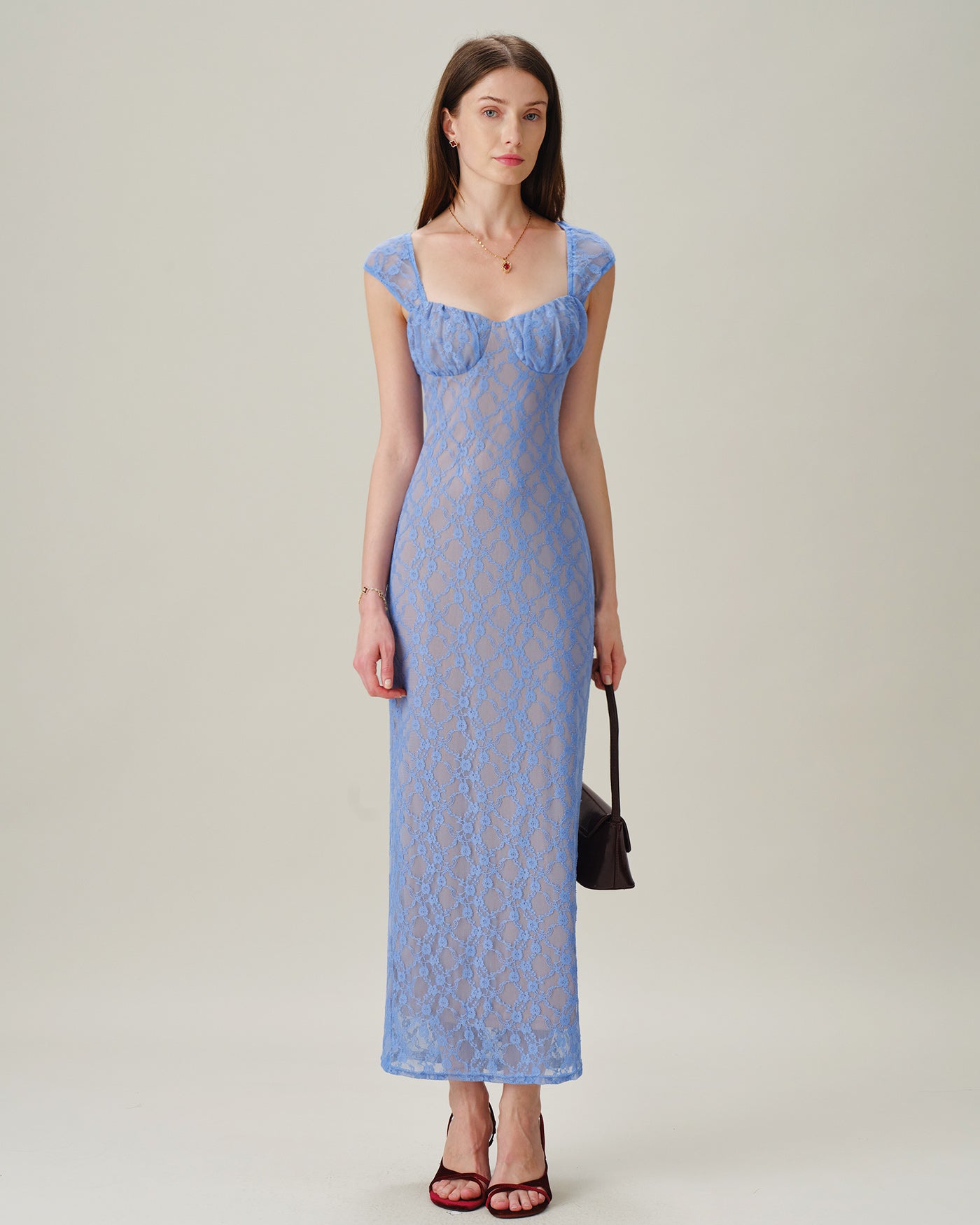 Blue Lace Maxi Dress with Sweetheart Neckline