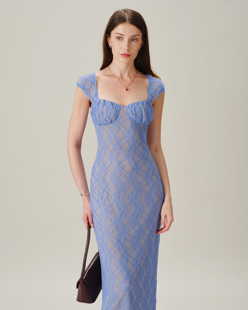 Blue Lace Maxi Dress with Sweetheart Neckline