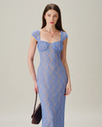 Blue Lace Maxi Dress with Sweetheart Neckline