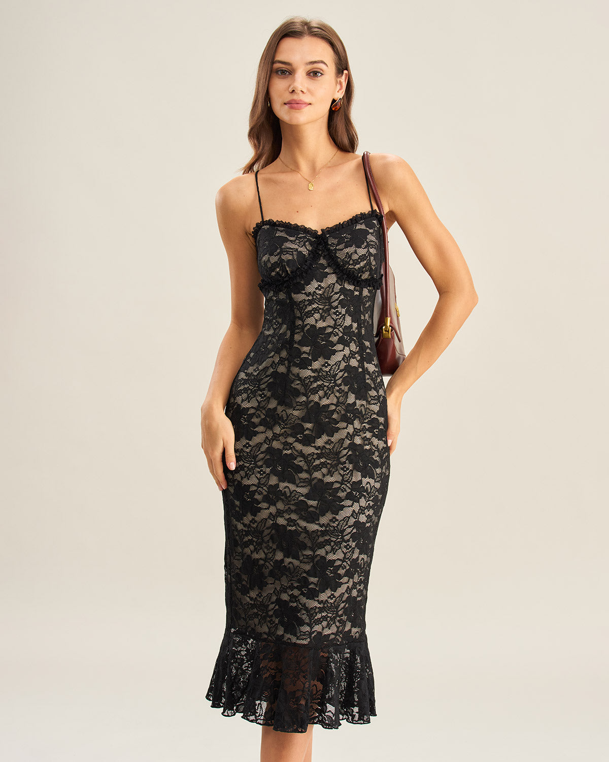 Black Lace Mermaid Midi Slip Dress