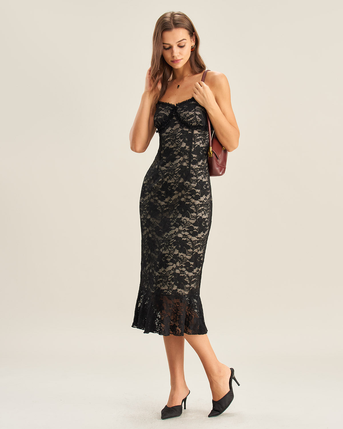 Black Lace Mermaid Midi Slip Dress