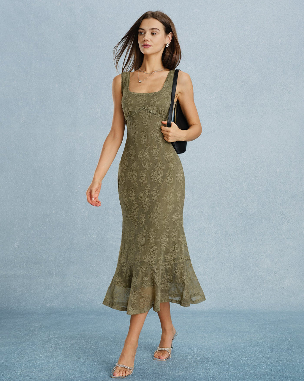 Floral Lace Midi Dress with Green Square Neck