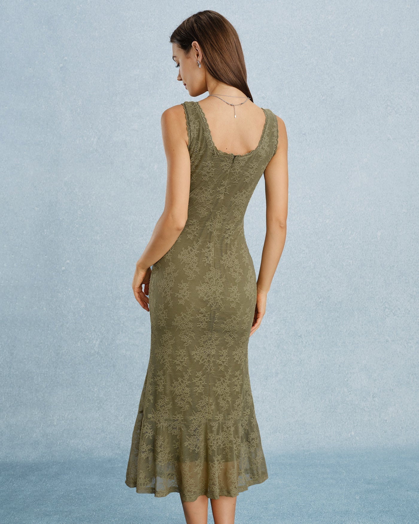 Floral Lace Midi Dress with Green Square Neck