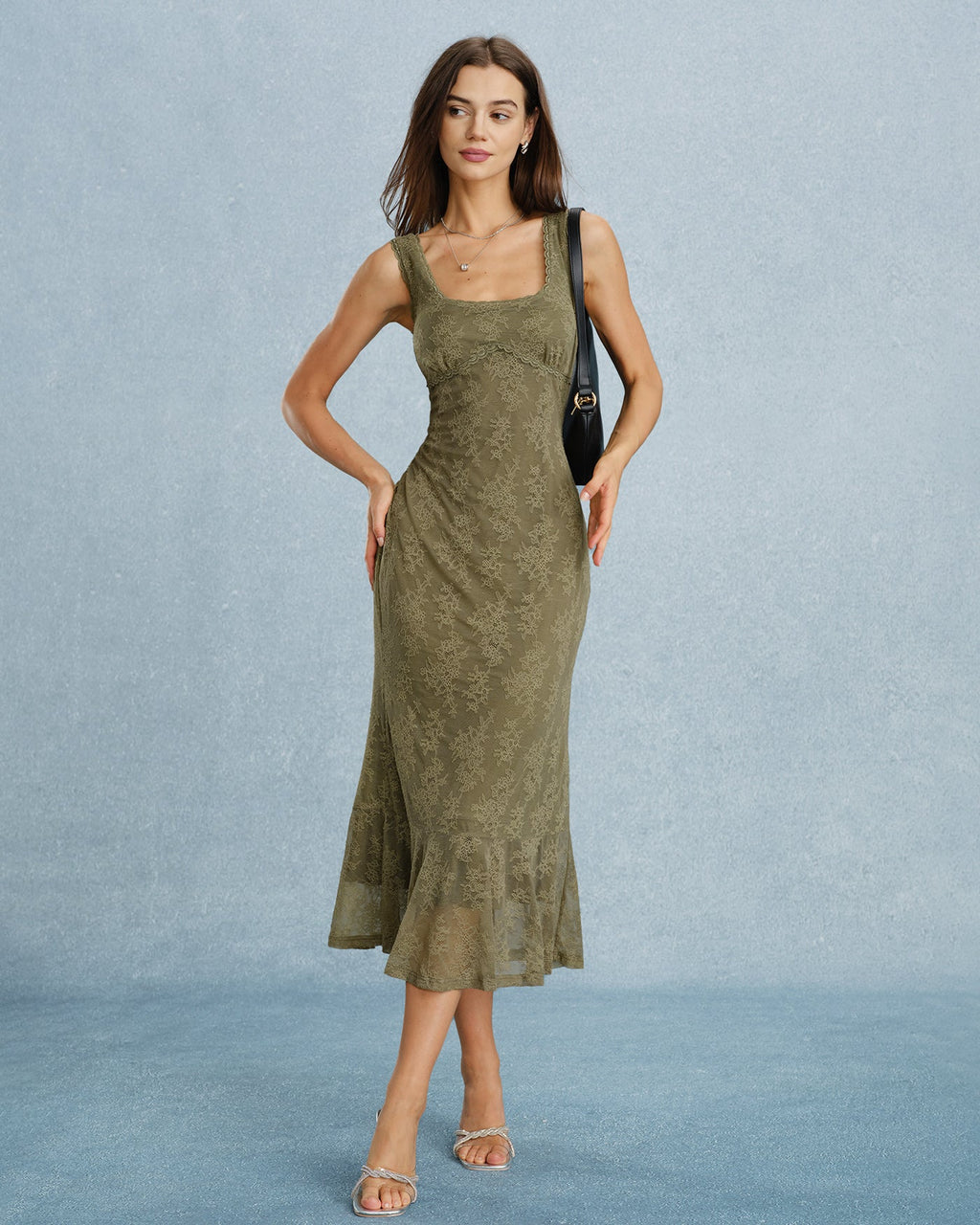 Floral Lace Midi Dress with Green Square Neck
