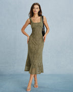 Floral Lace Midi Dress with Green Square Neck
