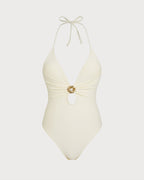 Off-White Halter Neck Bralette One-Piece Swimsuit