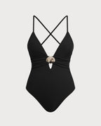 Black Ribbed Triangle One-Piece with Cut-Out Design