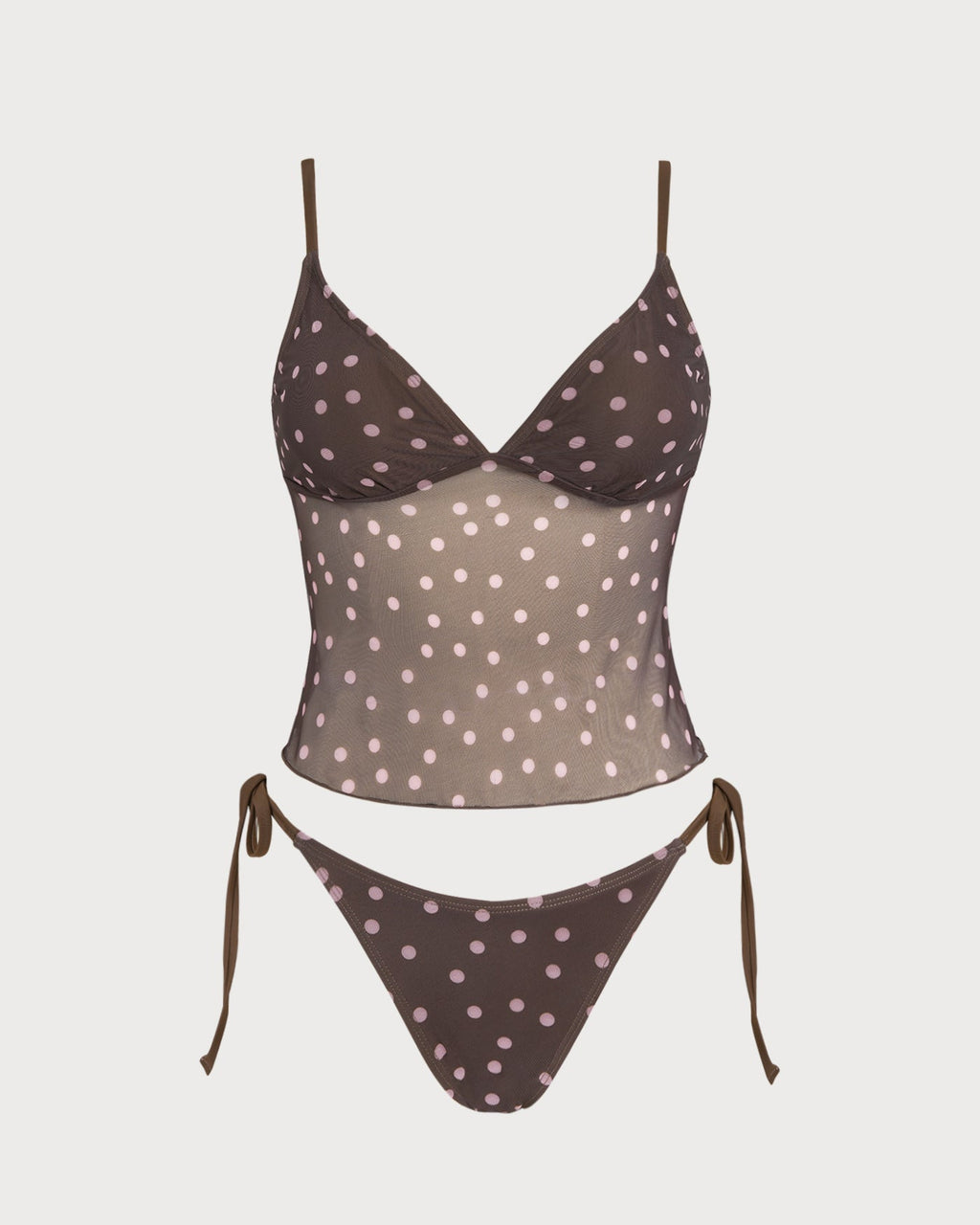 Polka Dot V-Neck Tankini Set in Coffee Brown