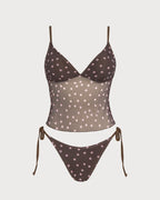 Polka Dot V-Neck Tankini Set in Coffee Brown