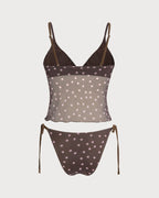 Polka Dot V-Neck Tankini Set in Coffee Brown
