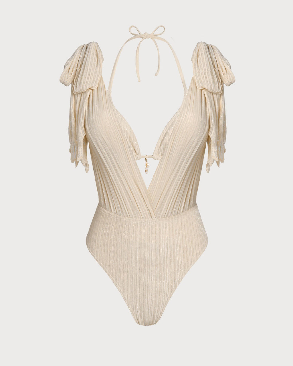 Apricot Sequin Halter Neck Drawstring Bikini Set