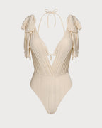 Apricot Sequin Halter Neck Drawstring Bikini Set