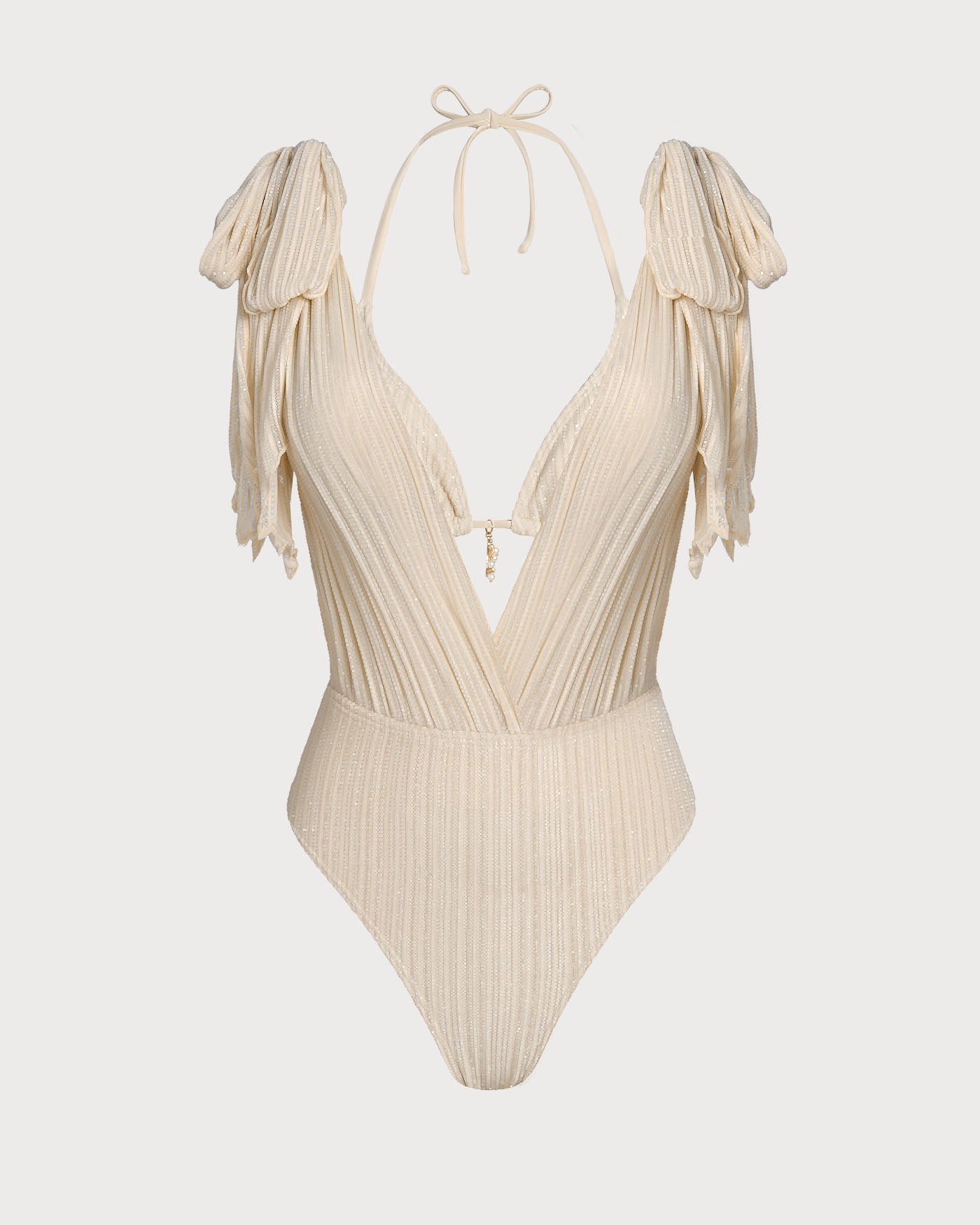 Apricot Sequin Halter Neck Drawstring Bikini Set
