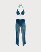Blue Sequin Halter Neck Drawstring Bikini Set