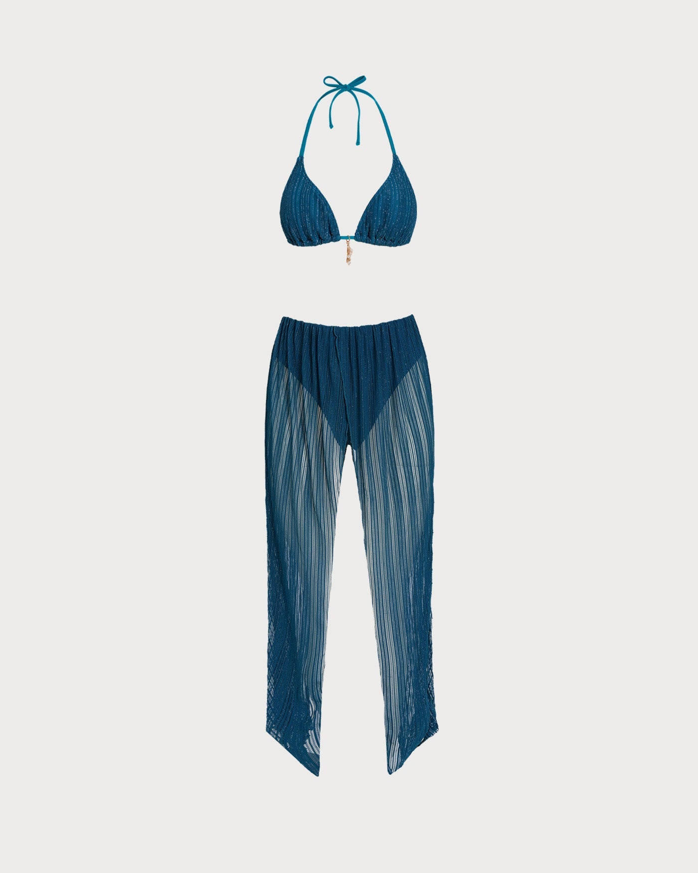 Blue Sequin Halter Neck Drawstring Bikini Set
