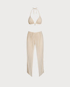 Apricot Sequin Halter Neck Drawstring Bikini Set
