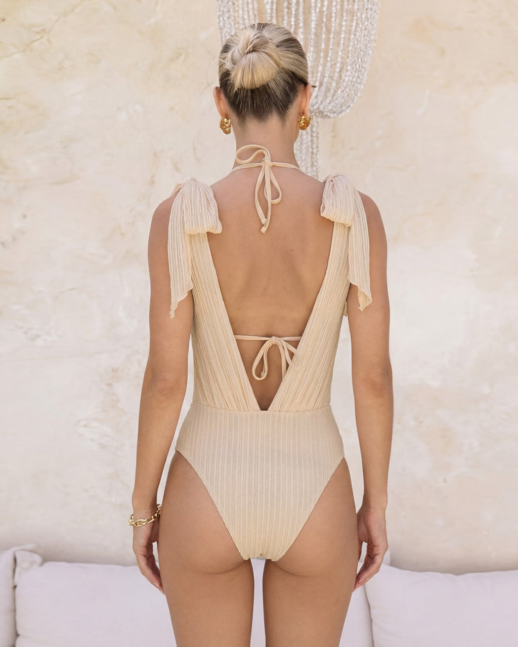 Apricot Sequin Halter Neck Drawstring Bikini Set