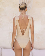 Apricot Sequin Halter Neck Drawstring Bikini Set