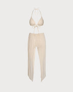 Apricot Sequin Halter Neck Drawstring Bikini Set