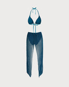 Blue Sequin Halter Neck Drawstring Bikini Set