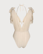 Apricot Sequin Halter Neck Drawstring Bikini Set