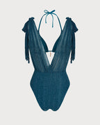 Blue Sequin Halter Neck Drawstring Bikini Set
