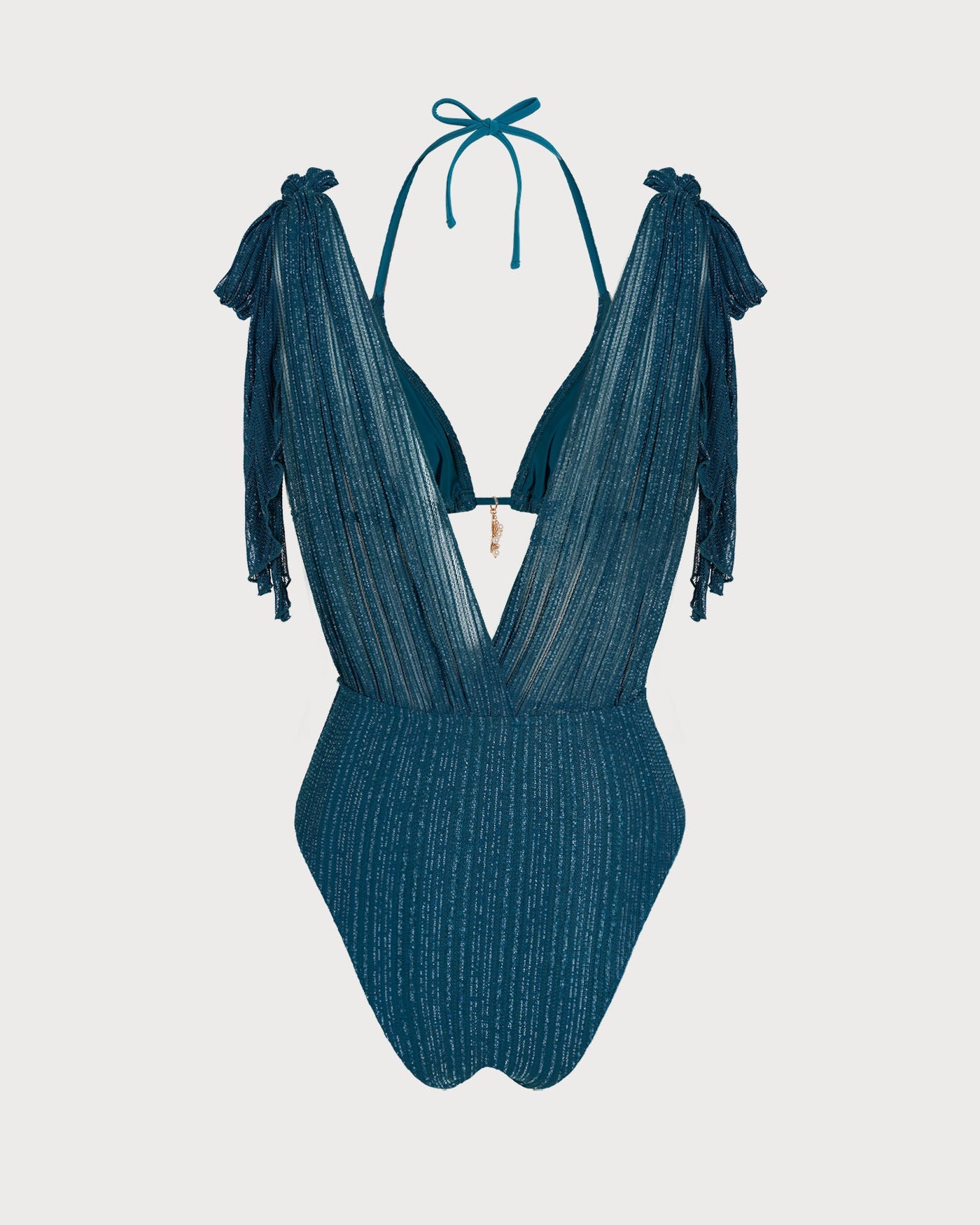 Blue Sequin Halter Neck Drawstring Bikini Set