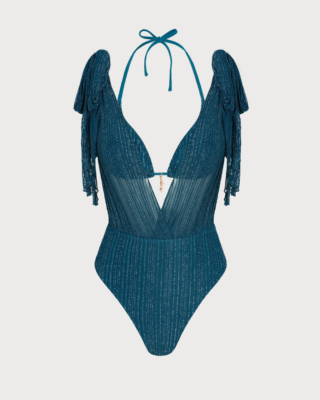 Blue Sequin Halter Neck Drawstring Bikini Set