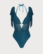 Blue Sequin Halter Neck Drawstring Bikini Set