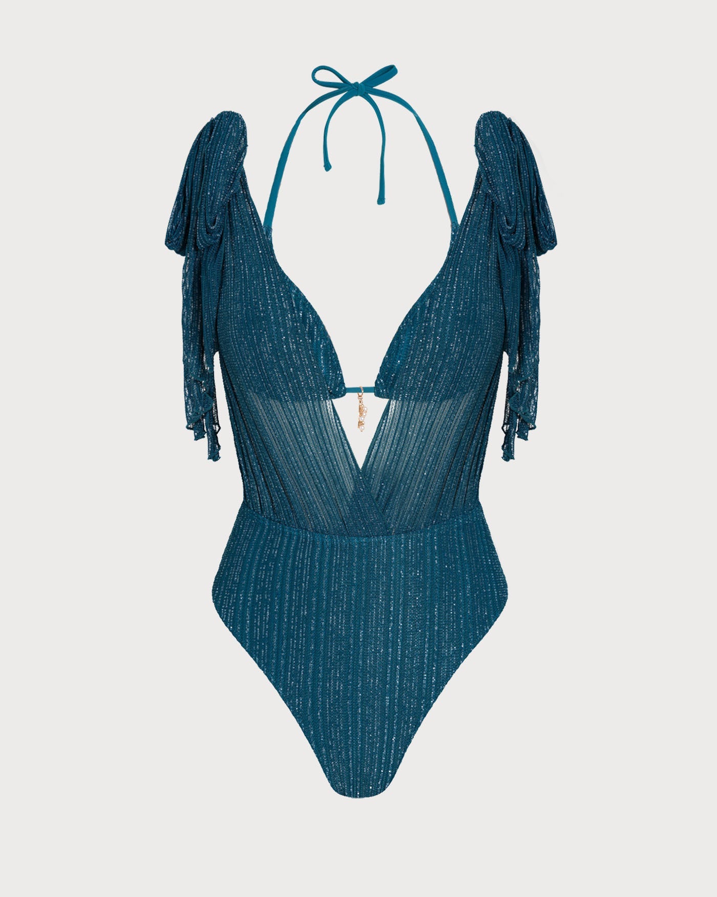 Blue Sequin Halter Neck Drawstring Bikini Set