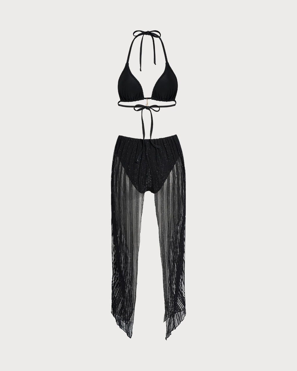 Black Triangle Bikini Set with Halter Neck and Drawstring
