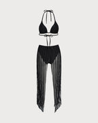 Black Triangle Bikini Set with Halter Neck and Drawstring